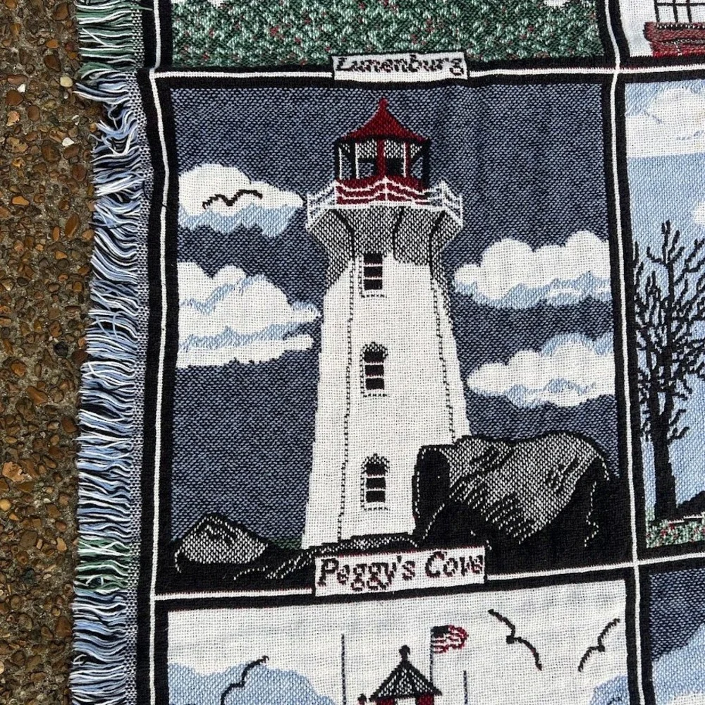 Crown Crafts Lighthouse Tapestry Blanket Woven Cotton Made in USA Nautical Throw